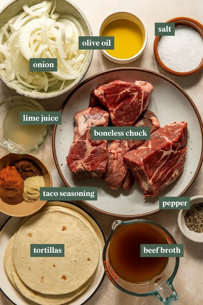 Ingredients for the Best Slow Cooker Shredded Beef Tacos