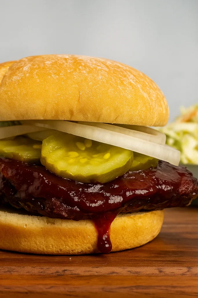 BBQ Rib Sandwich with pickles and onions on a toasted bun