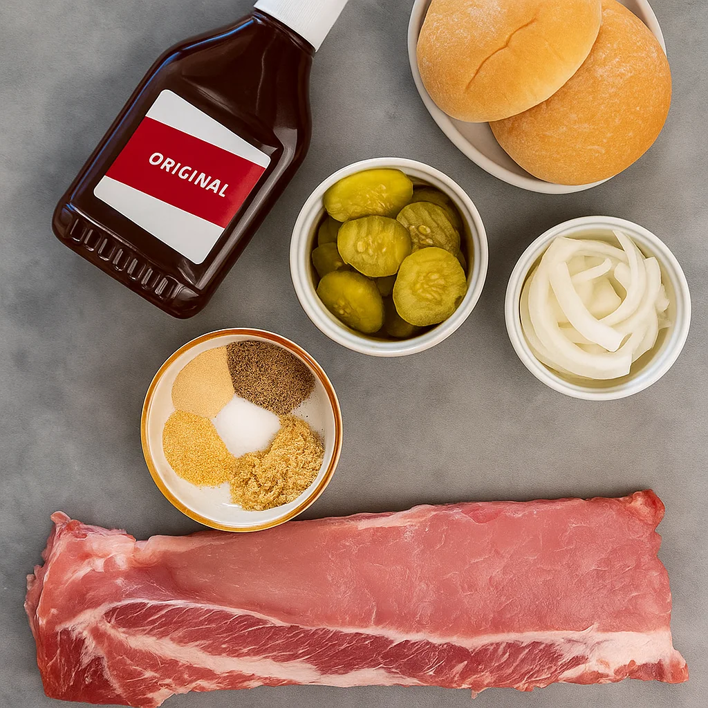 BBQ Rib Sandwich ingredients arranged on a kitchen counter
