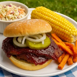 BBQ Rib Sandwich served with coleslaw and summer sides