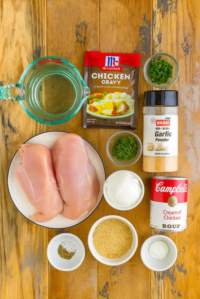 Ingredients for crock pot chicken and gravy on counter