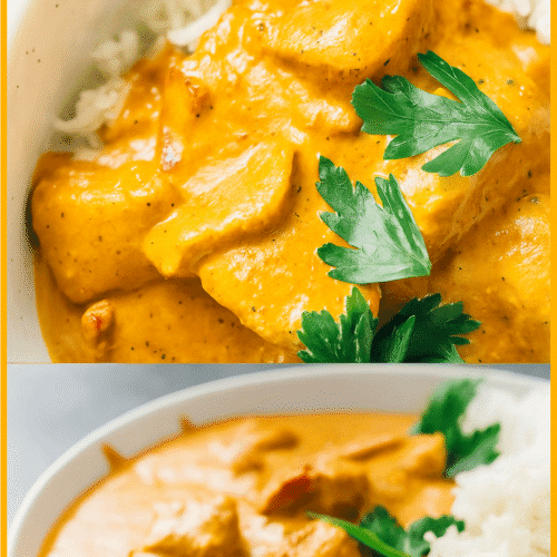 Chicken Tikka Masala with rice, raita, and salad on serving plate