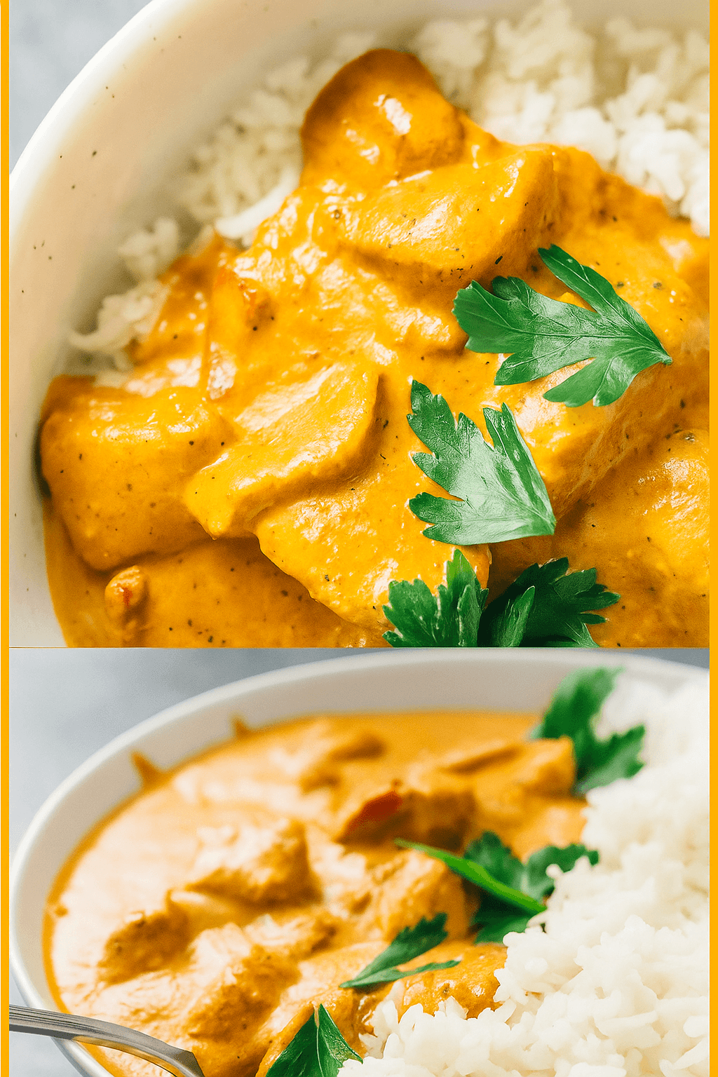 Chicken Tikka Masala with rice, raita, and salad on serving plate