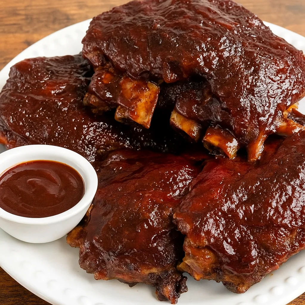 Crock Pot Baby Back Ribs glazed with BBQ sauce