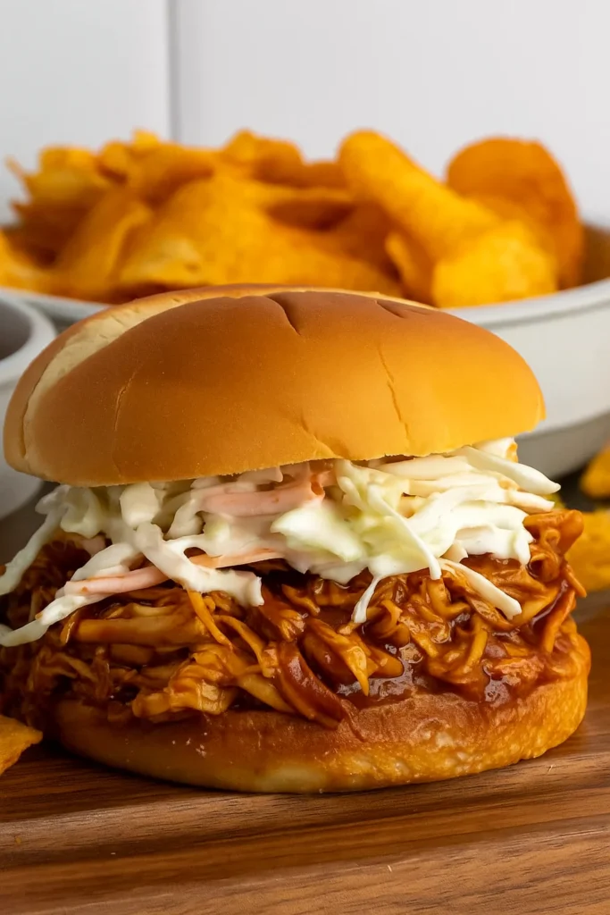 Pulled Crock Pot BBQ Chicken sandwiches with slaw