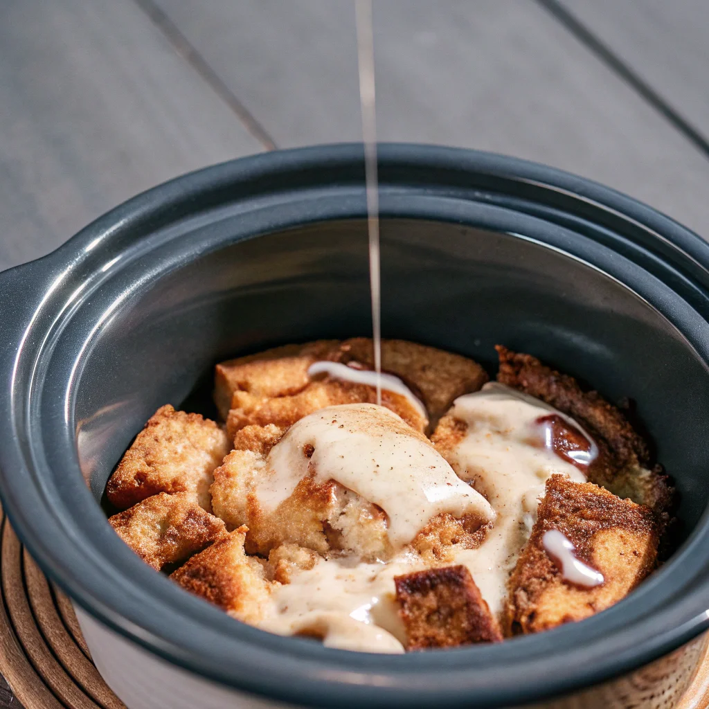 Crock Pot Bread Pudding in slow cooker with vanilla sauce