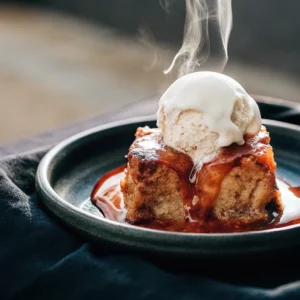 Crock Pot Bread Pudding with ice cream and caramel