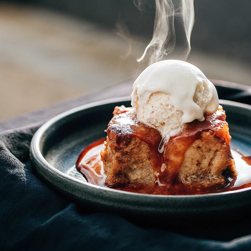 Crock Pot Bread Pudding with ice cream and caramel