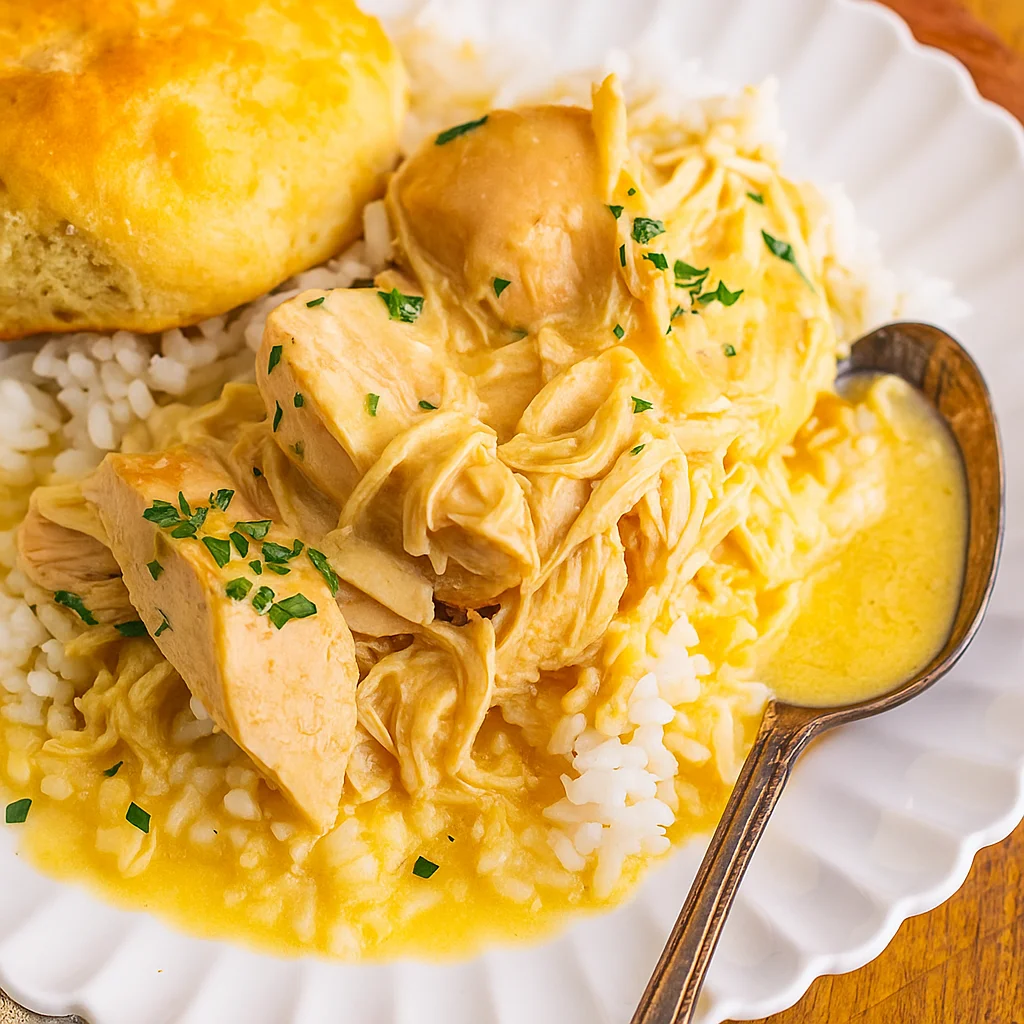 Crock Pot Chicken and Gravy served over mashed potatoes