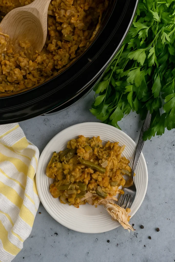 Crock Pot Chicken and Stuffing with green beans and mashed potatoes