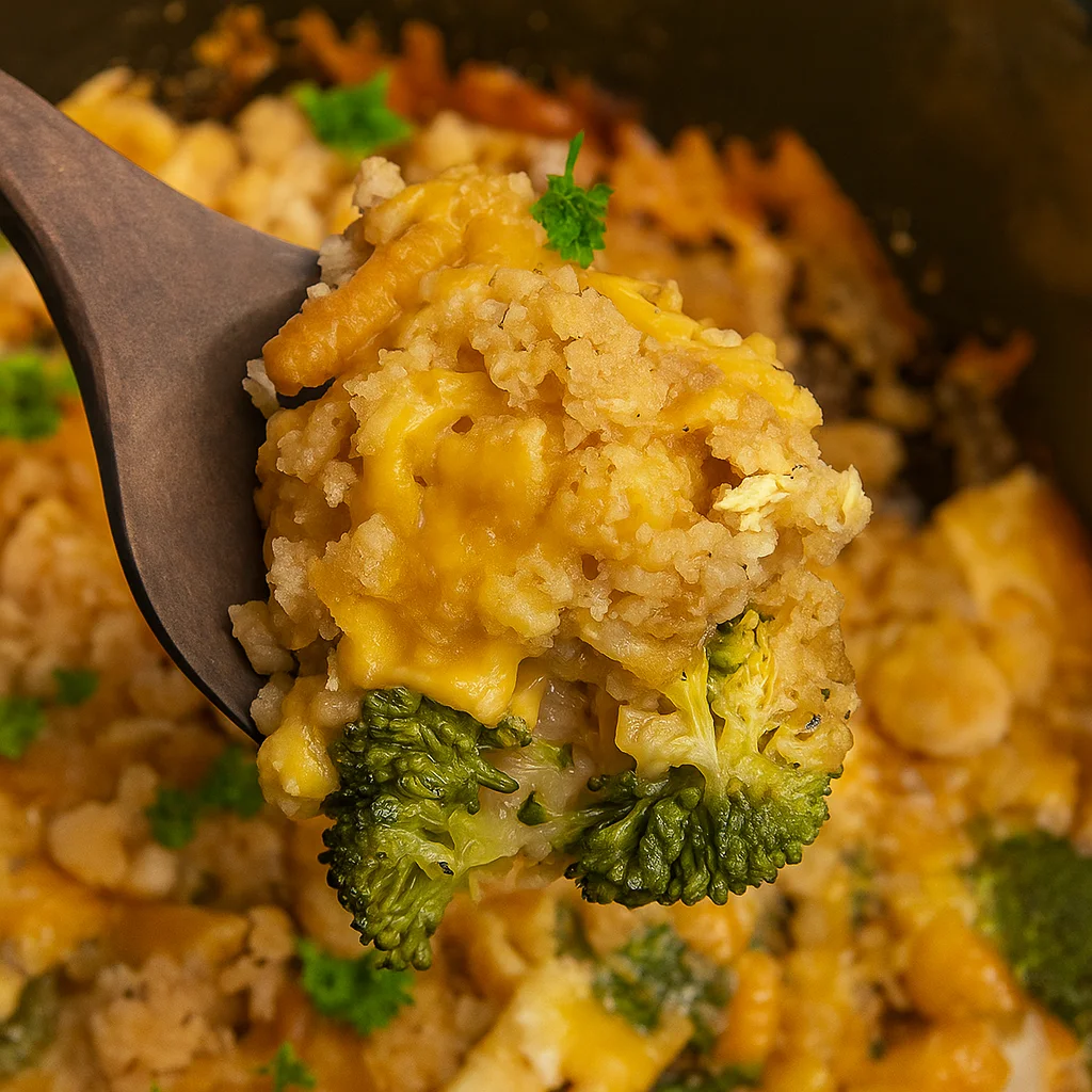 Creamy Crock Pot Chicken, Broccoli, and Rice served hot in a rustic bowl