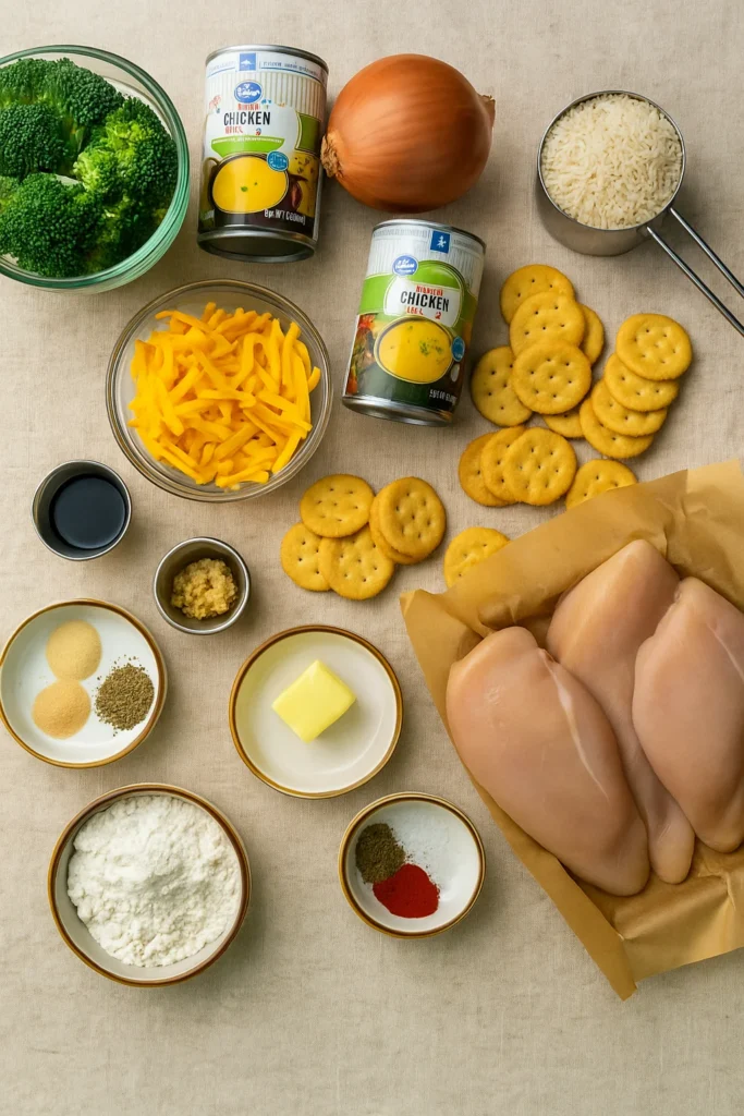 Ingredients for Crock Pot Chicken, Broccoli, and Rice on a wooden surface