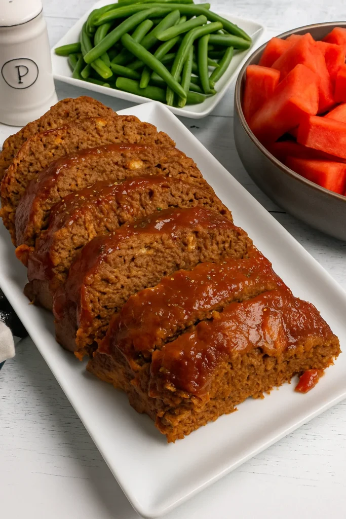 Crock Pot Meatloaf sliced on a cutting board with mashed potatoes