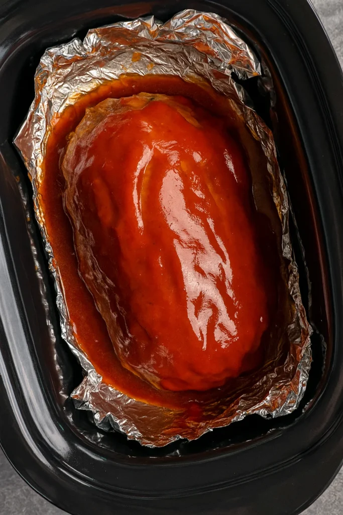 Crock Pot Meatloaf raw in a foil-lined slow cooker