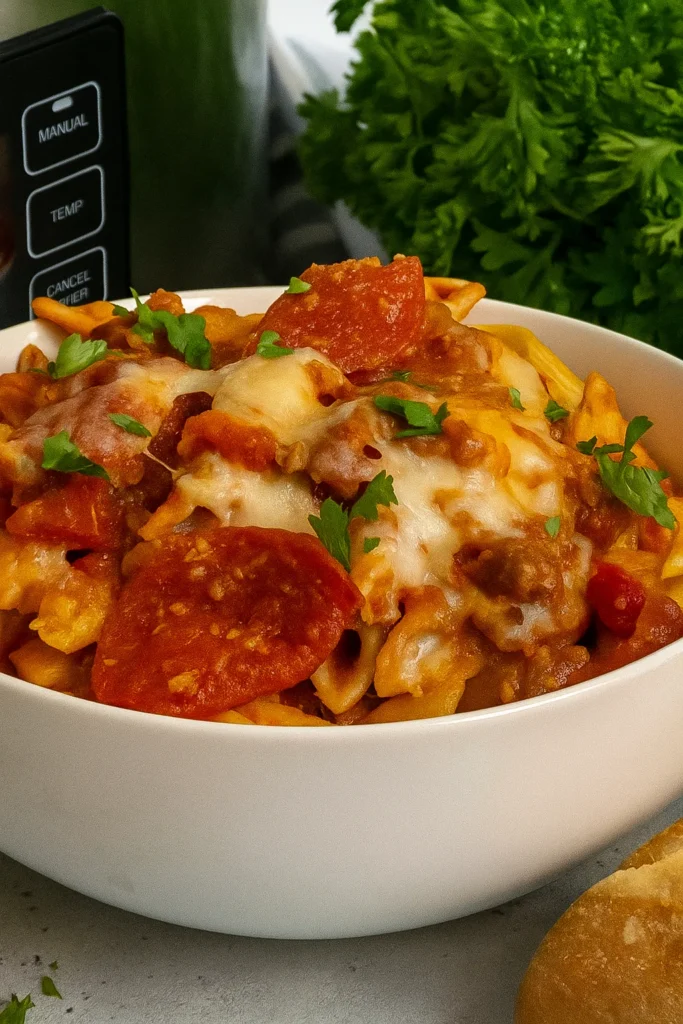 crock pot pizza casserole with melty cheese