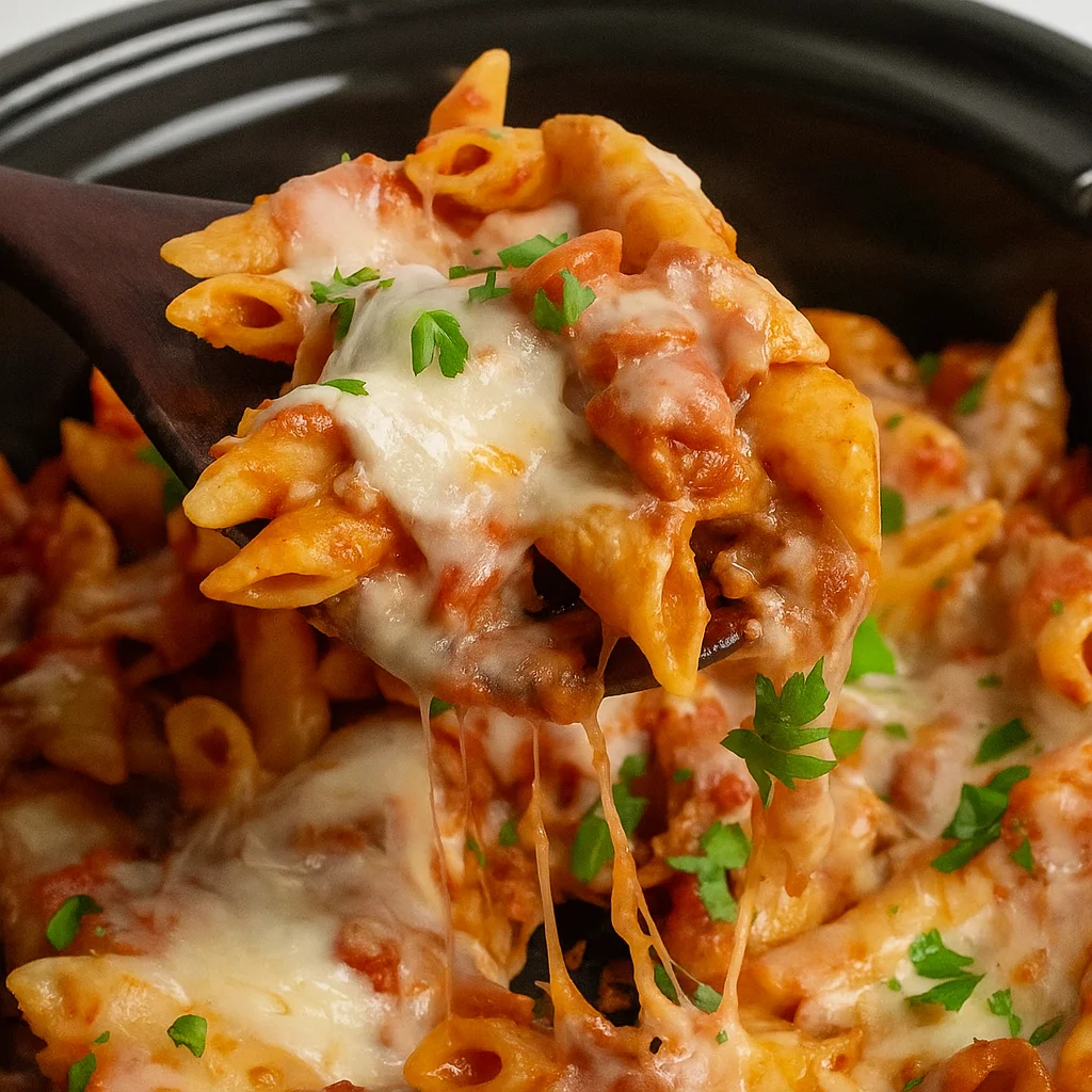 crock pot pizza casserole with melty cheese and pepperoni