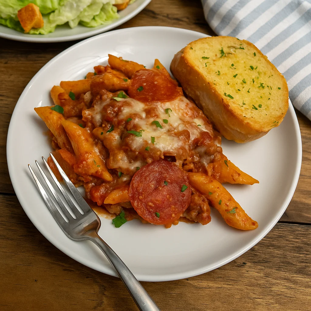 crock pot pizza casserole served with salad and garlic bread