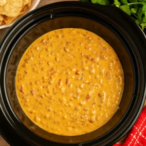 Crock Pot Rotel Dip with chips in slow cooker