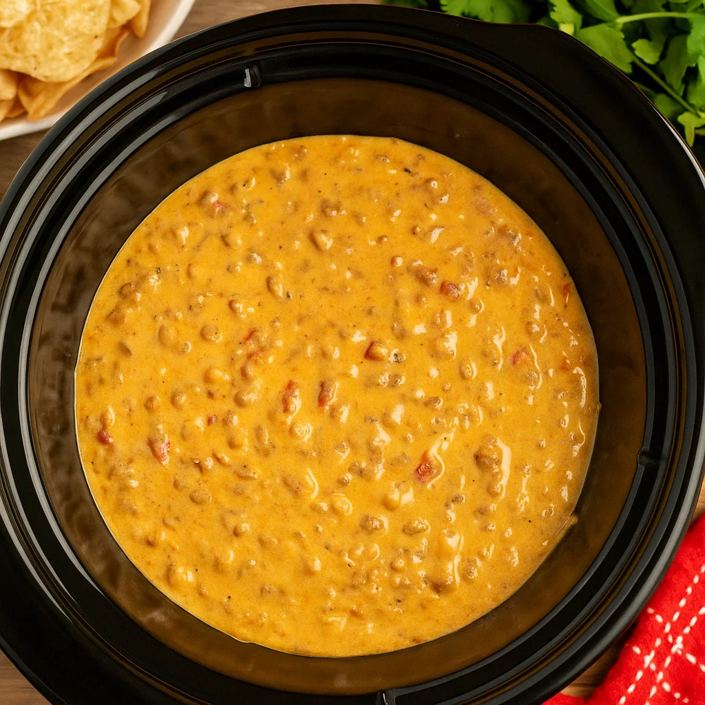 Crock Pot Rotel Dip with chips in slow cooker