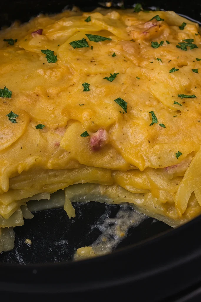 Creamy Crock Pot Scalloped Potatoes and Ham close-up