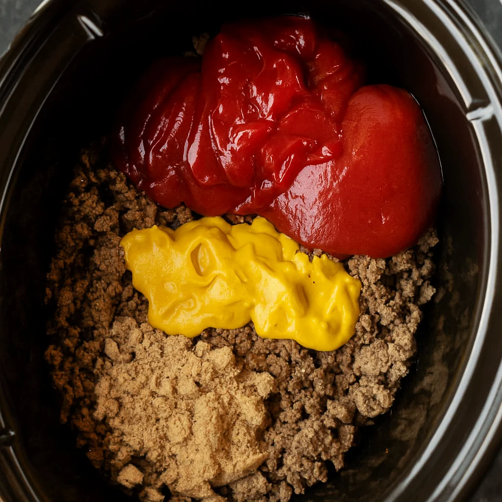 Ground beef and ingredients for Crock Pot Sloppy Joes