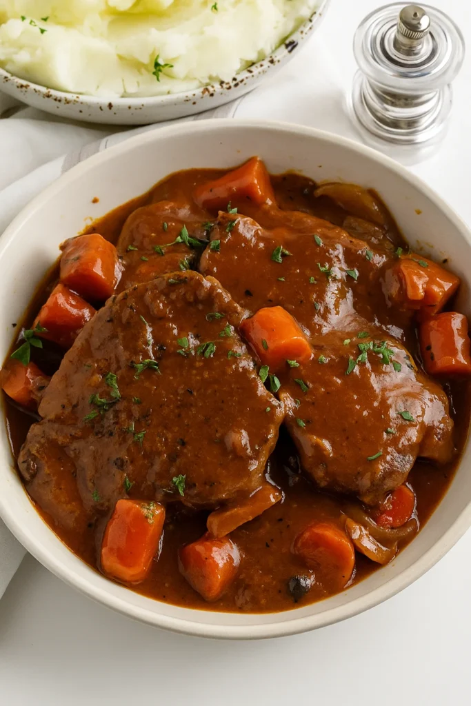 Crock Pot Swiss Steak served with mashed potatoes and green beans