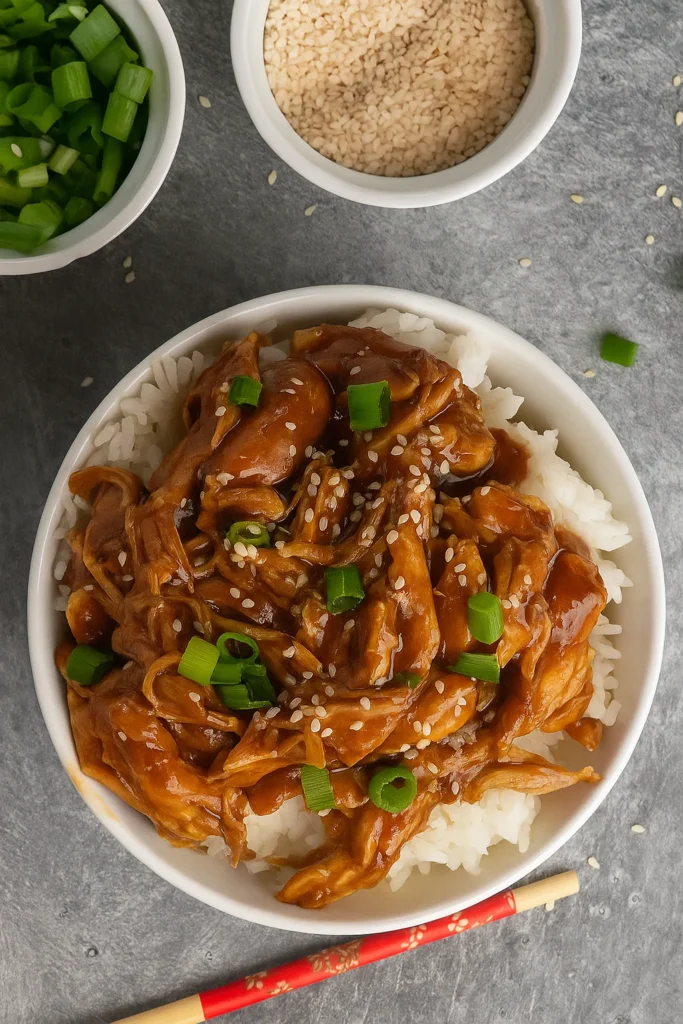 Crock Pot Teriyaki Chicken over rice with sesame seeds