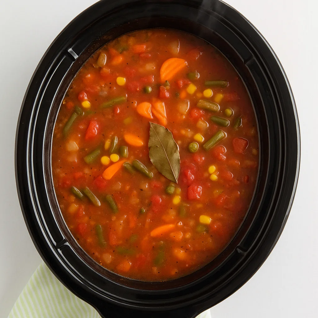 Crock Pot Vegetable Soup cooking in slow cooker