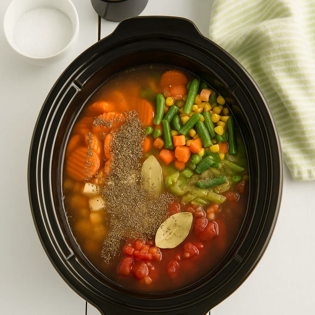 Crock Pot Vegetable Soup cooking in slow cooker