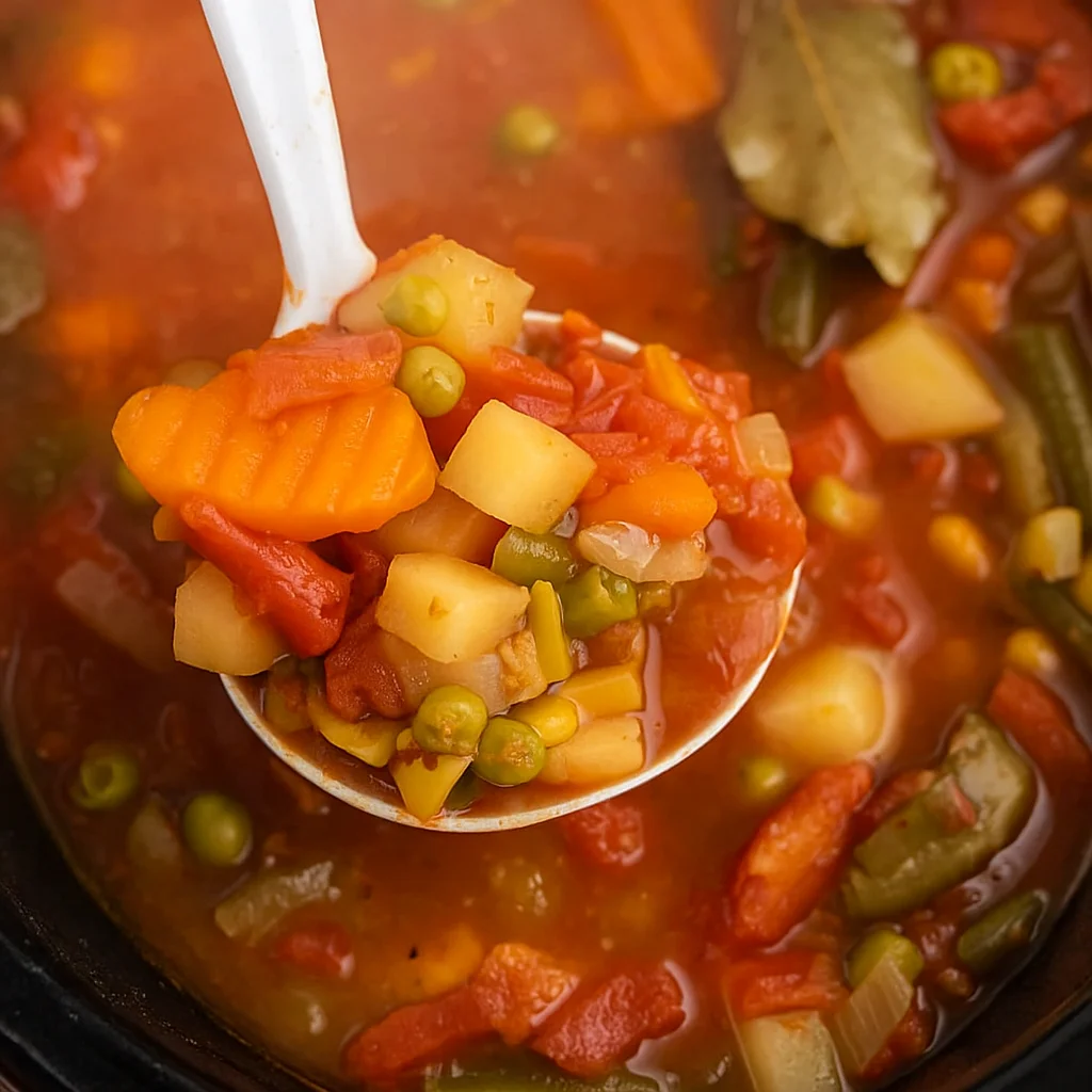 Crock Pot Vegetable Soup in slow cooker with fresh vegetables