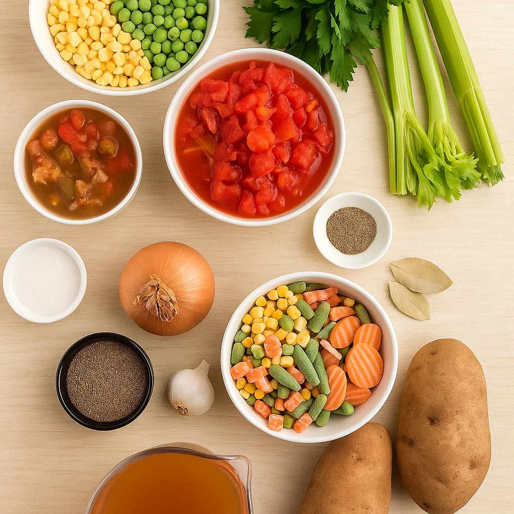 Ingredients for Crock Pot Vegetable Soup on kitchen counter