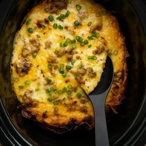 Crockpot Breakfast Casserole in crock with melted cheese and green onions
