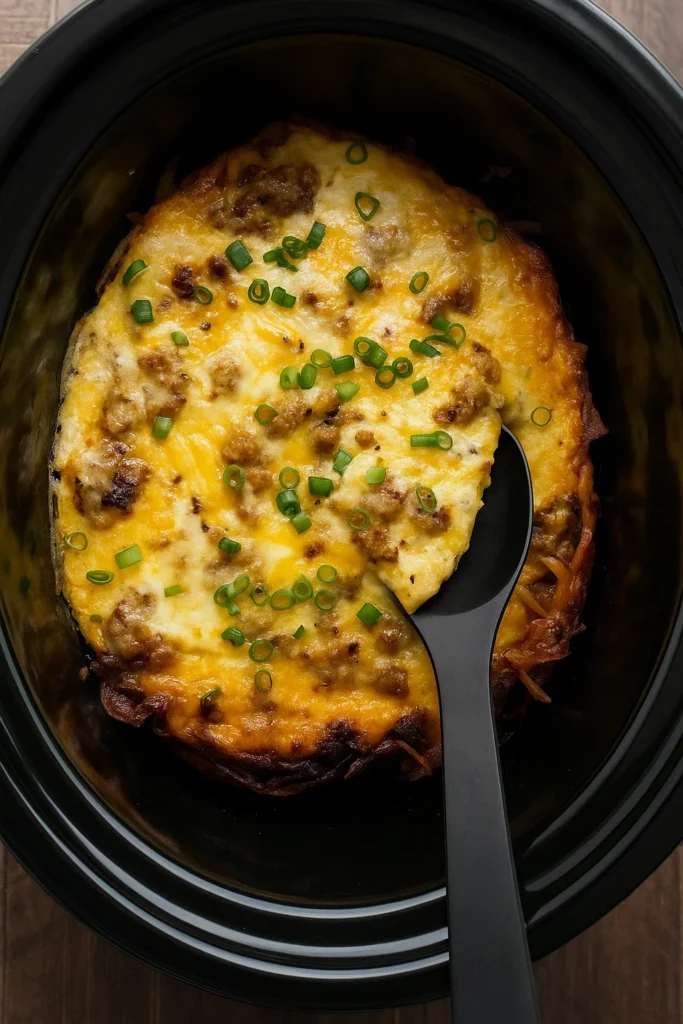 Crockpot Breakfast Casserole in crock with melted cheese and green onions