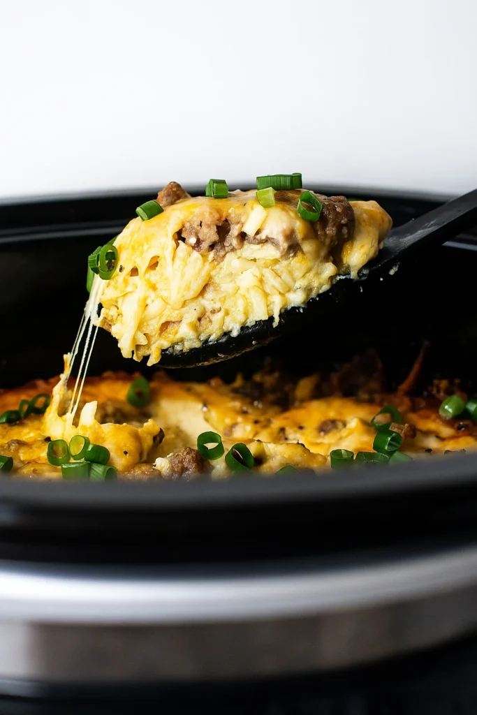 Served Crockpot Breakfast Casserole topped with avocado and salsa