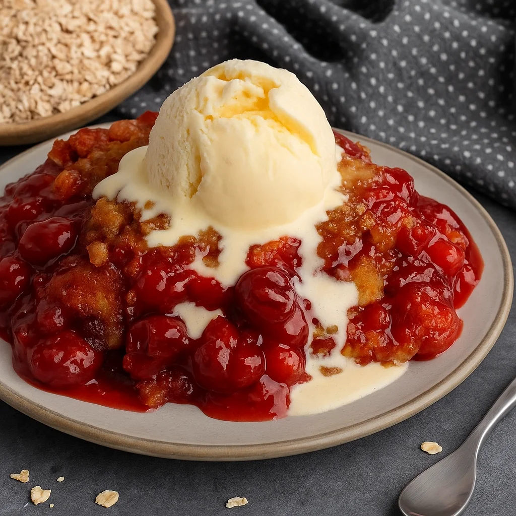 Crockpot Cherry Cobbler fresh out of the slow cooker