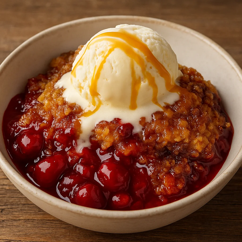 Crockpot Cherry Cobbler served with ice cream
