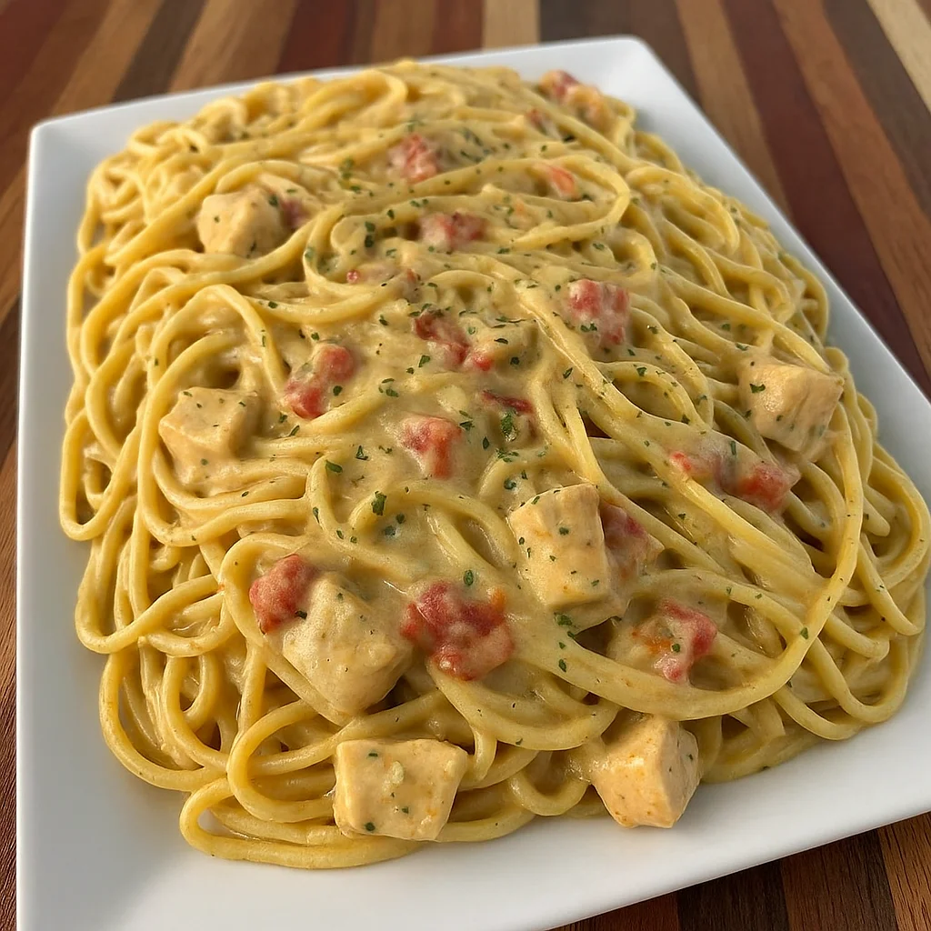 Crockpot Chicken Spaghetti in a creamy sauce served in a bowl