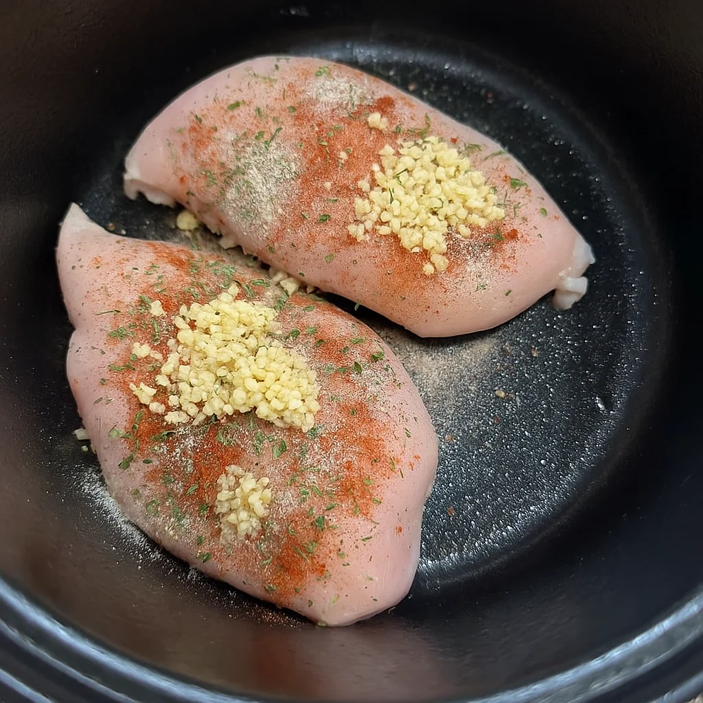 Ingredients for Crockpot Chicken Spaghetti in a slow cooker