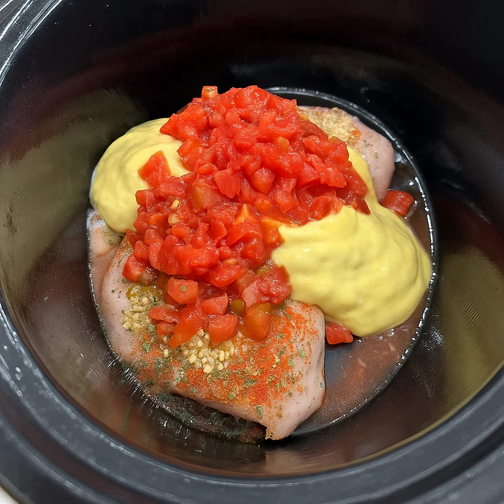 Ingredients for Crockpot Chicken Spaghetti in a slow cooker