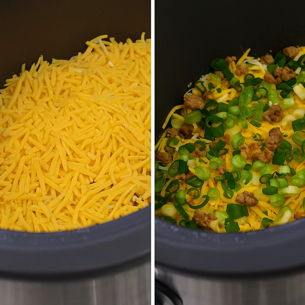 Pouring egg mixture into Crockpot Breakfast Casserole layers