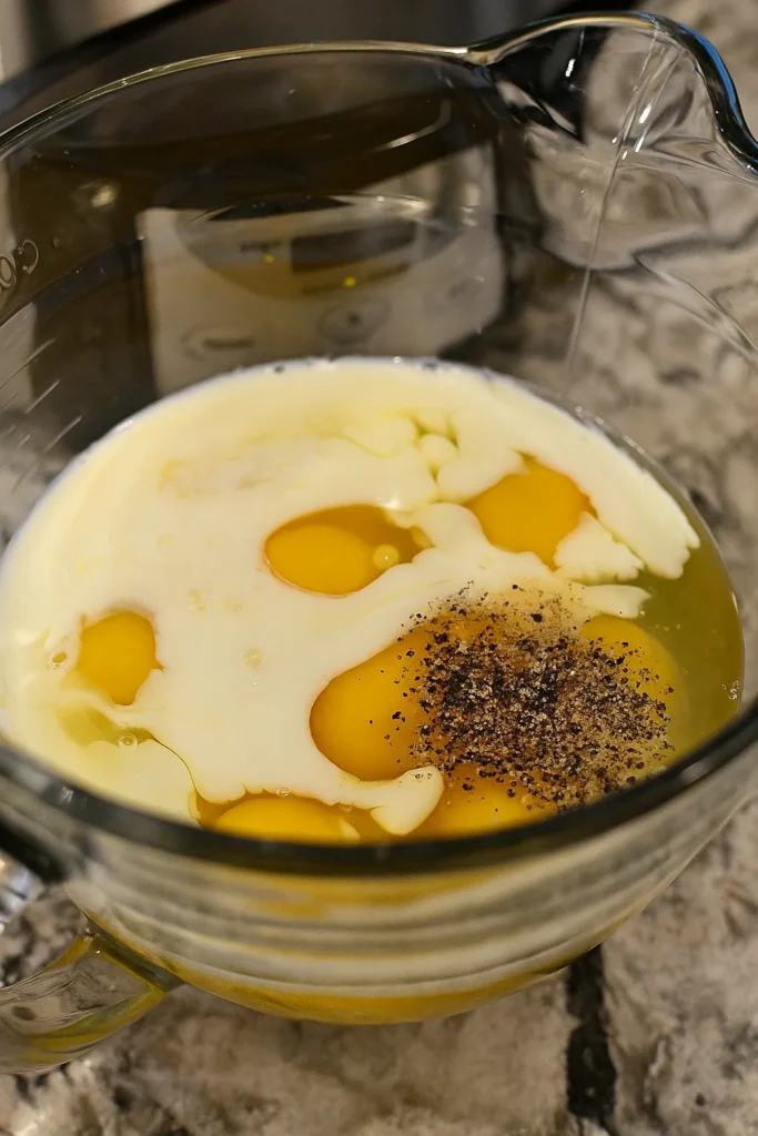 Pouring egg mixture into Crockpot Breakfast Casserole layers