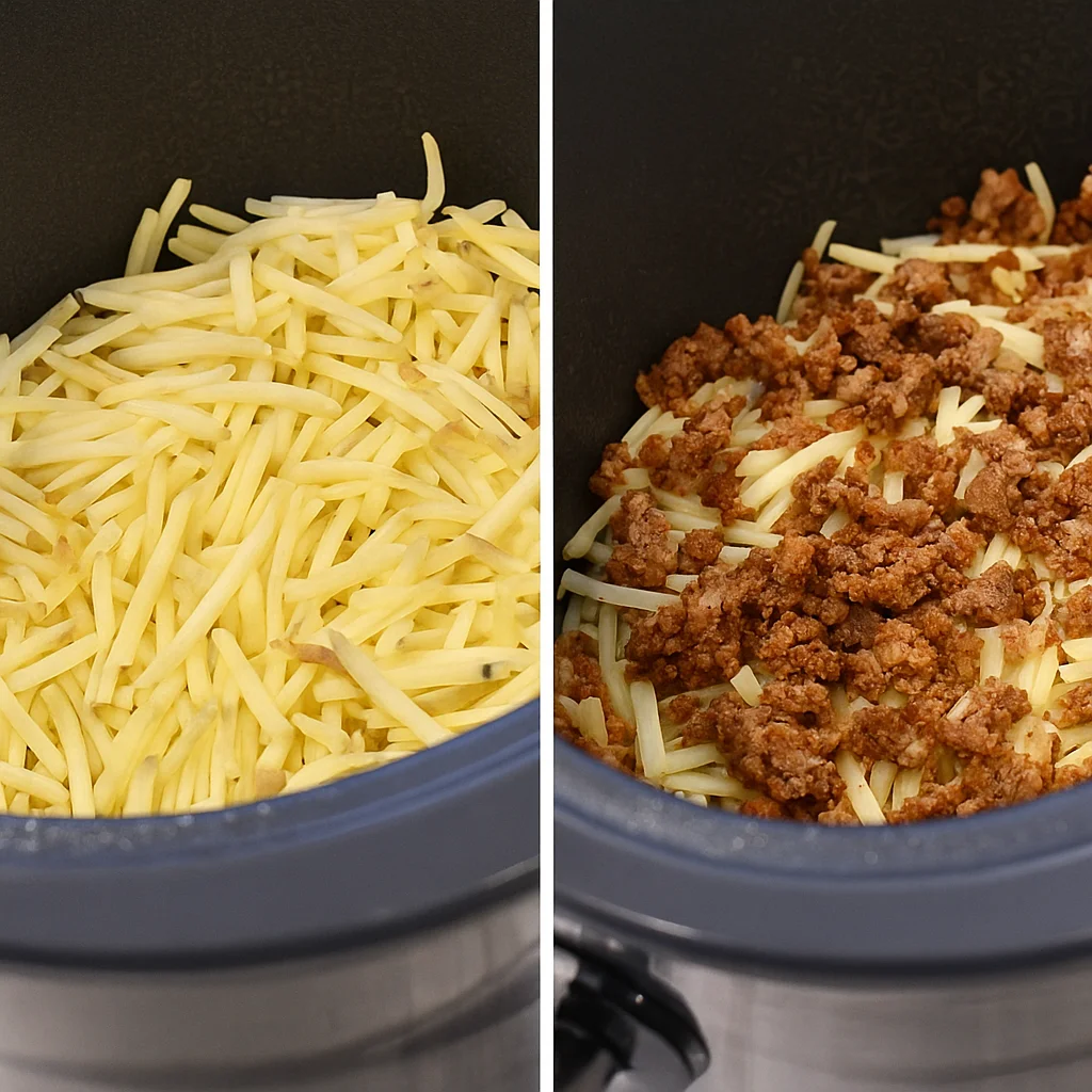 Pouring egg mixture into Crockpot Breakfast Casserole layers