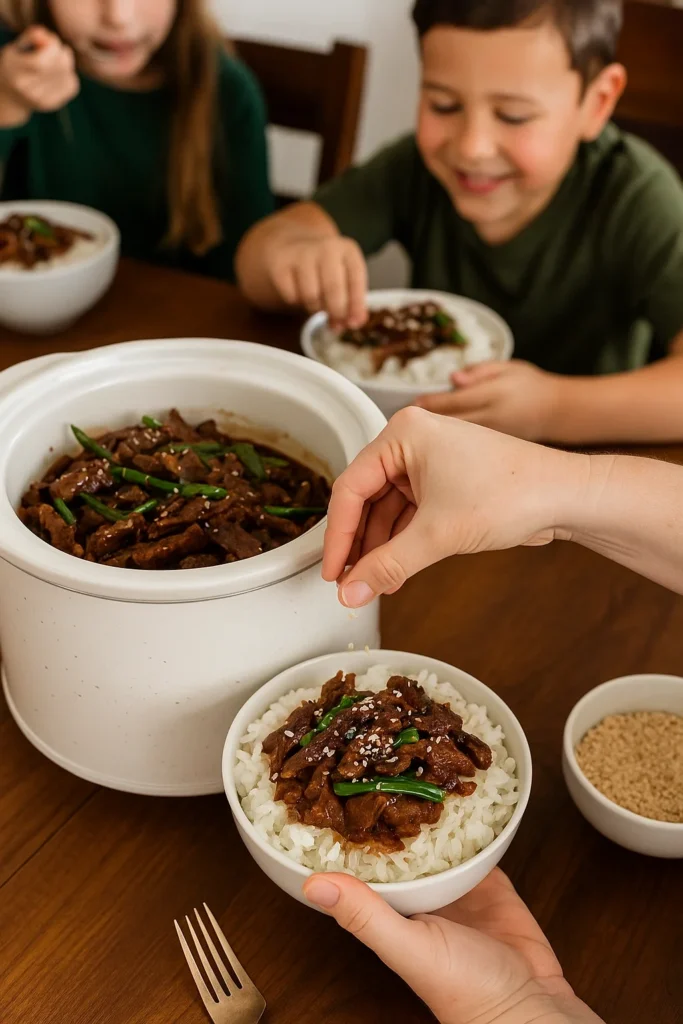 Family dinner with slow cooker Mongolian beef