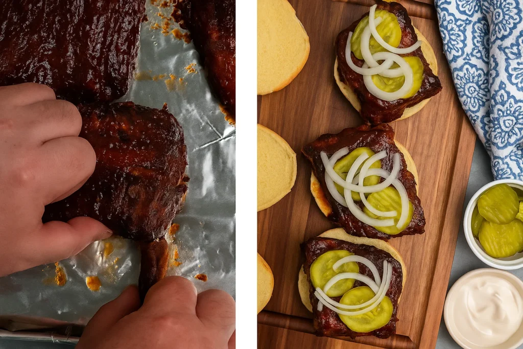 Glazing ribs with BBQ sauce before broiling for sandwich
