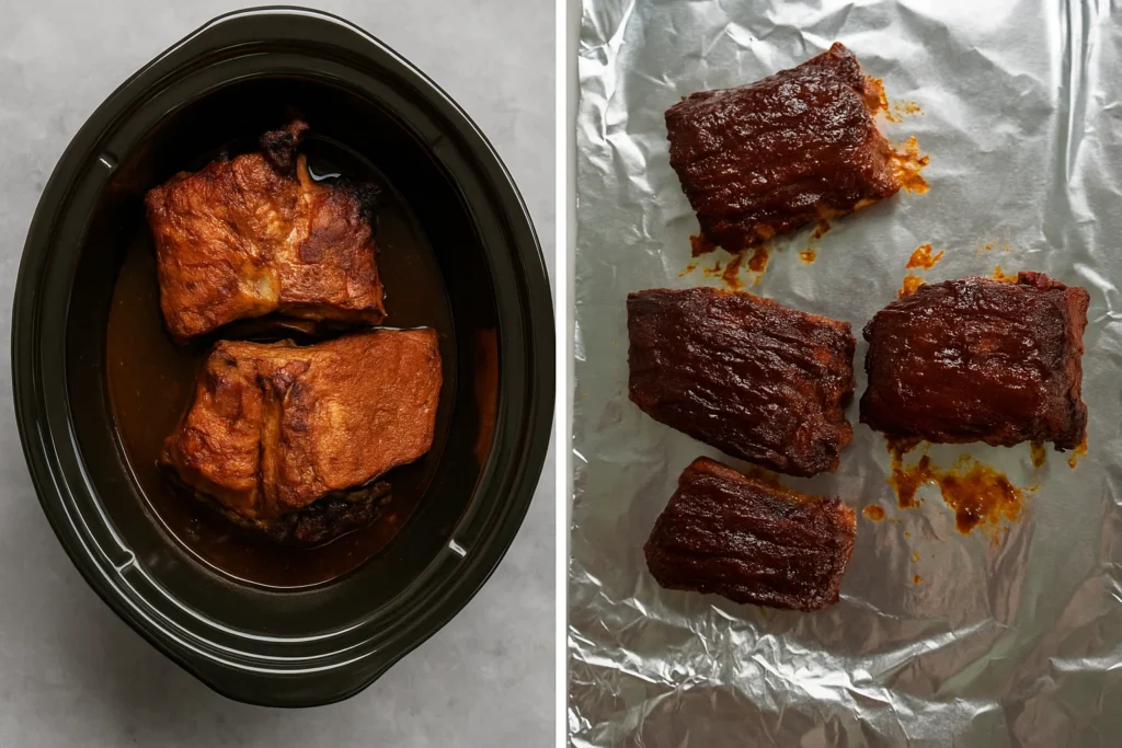 Glazing ribs with BBQ sauce before broiling for sandwich