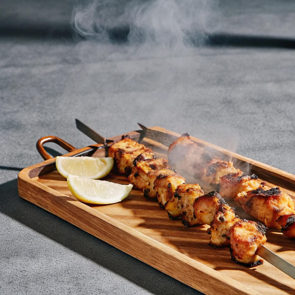 Skewered grilled chicken tikka with charred edges