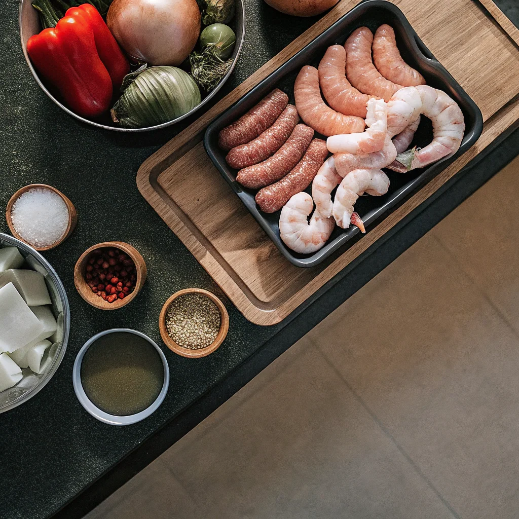 Slow Cooker Gumbo ingredients including shrimp, chicken, and vegetables