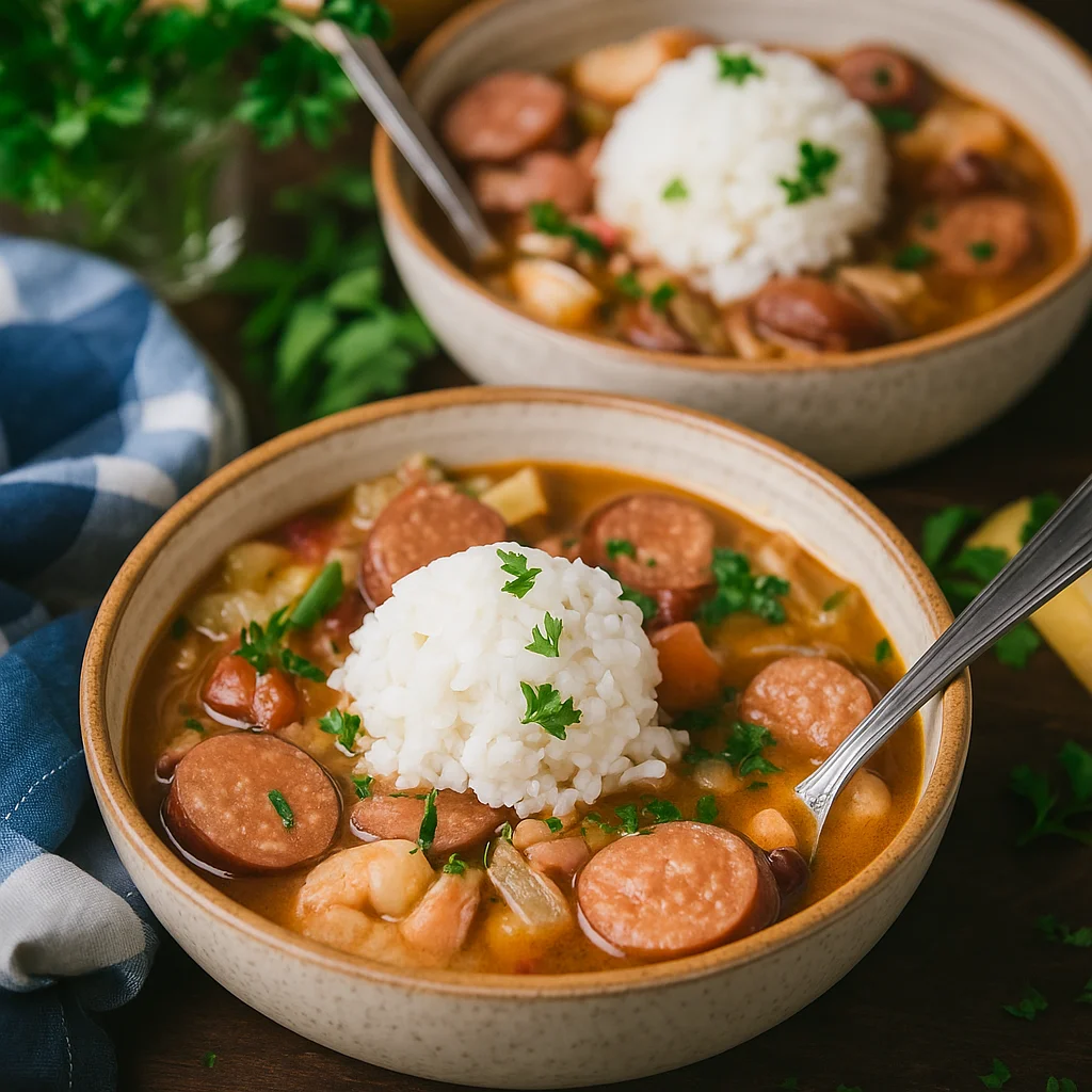 Slow Cooker Gumbo with rice, cornbread, and green salad