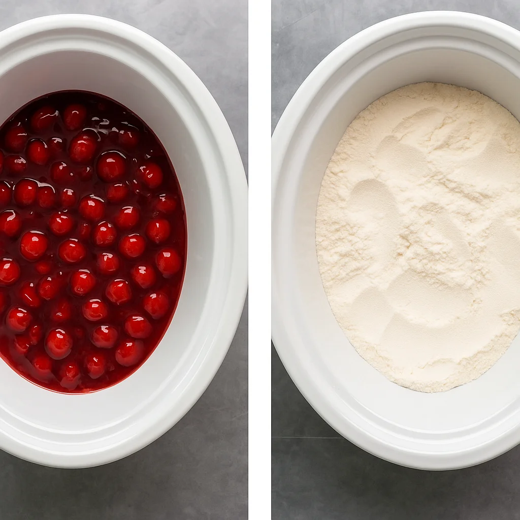 Step-by-step Crockpot Cherry Cobbler assembly