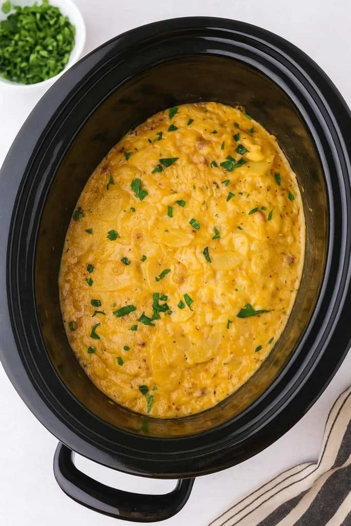 Layered potatoes and ham inside a crockpot